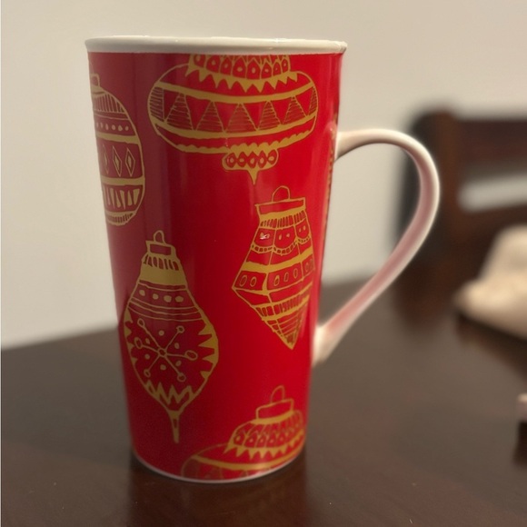 STARBUCKS Red/Gold 16oz CHRISTMAS Holiday Ornaments TALL COFFEE CUP Mug 2015 EUC - Picture 1 of 4